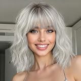 Nnzes Ombre Silver Wig with Bangs for Women White Bob Wavy Charming Synthetic Wigs with Natural Shoulder Length Curly Heat Resistant Hair for Daily Party Use