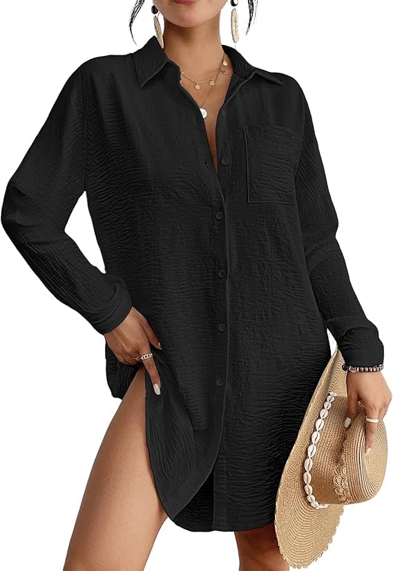 Swimsuit Coverup for Women Button Down Beach Cover Ups Long Sleeve Shirt Dress Modern Blouse Top S-XXL-image-16