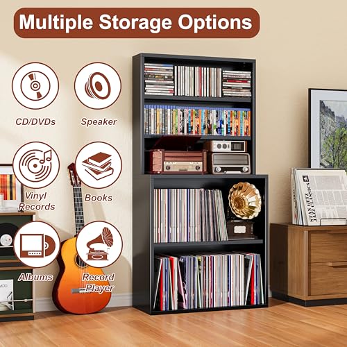 Image of Media Storage Cabinet, Heavy-Duty Metal Record Player Stand with Open Display Shelves for LPs, CDs, Books & Audio Equipment, Modern DVD Shelf Organizer for Living Room, Home Office, Black