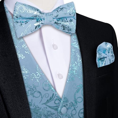 DiBanGu Mens Suit Vest Velvet Hot-Stamped Waistcoat with Bow Tie Set Formal Paisley Floral Dress Vest for Prom Party3