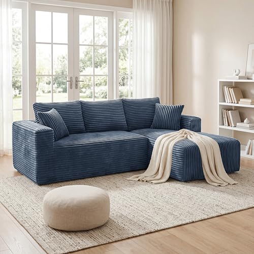 Image of 92.5 inch Modualr Sectional Sofa, L-Shape Corduroy Cloud Couch with Chaise, Upholstered Memory Foam Boneless Couch for Living Room, No Need Assembly - Blue(Right Facing Chaise)