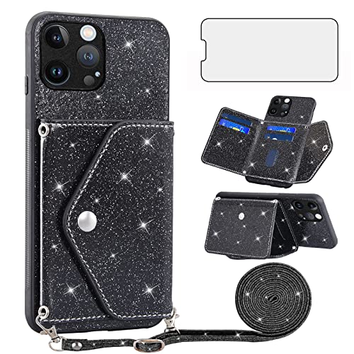 Coque portefeuille iPhone 13 Pro noir anti-perte avec sangle bandoulière et vitre écran