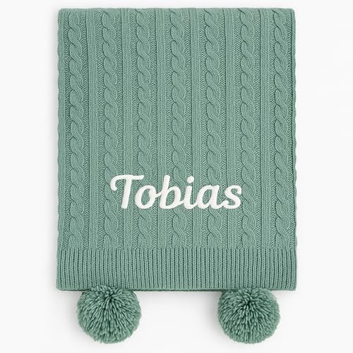 Baby Boy Girl Personalised Cable Knit Pom Pom Blanket Embroidered Name (Sage Green)