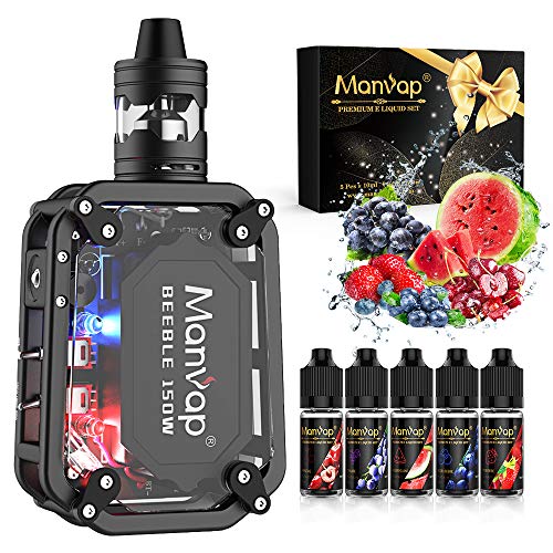 Manvap® 150W E Cigarette Starter Kit + 5x10ml E Cigarettes Liquid, 3500mAH Vape Box Mod Top Refill Electronic Cigarette Vape Vaporizer Vaporiser Vapour Starter Kit - No Nicotine