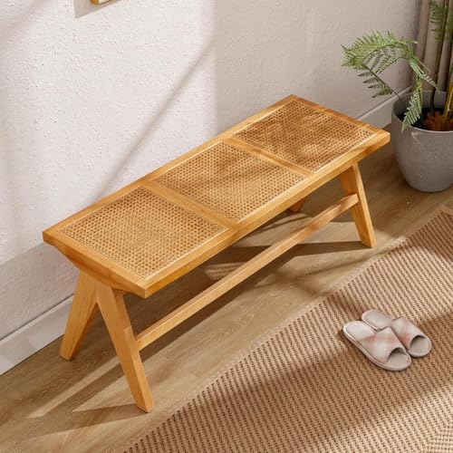 chairus Banco de Madera Moderno Banco Rústico con Asiento Ratán, Taburete Largo para Comedor/Recibidor, Amarillo