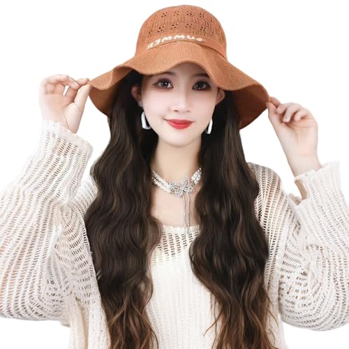 帽子ウィッグ 一体式 つば広い 日焼け防止 レディース ロング 髪付き帽子 バケットハット 毛付き 襟足 ミディアム かつら 可愛い 小顔 紫外線対 UVカット 耐熱 通気 日常用 旅行用 帽2色 髪3色 黒髪 ブラウン feibin (ベージュ2＃帽、ダークブラウン)（Amazon）