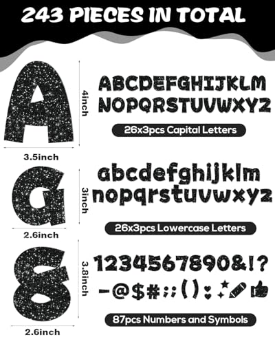 Image of 243 Pcs Glitter Bulletin Board Letters, Numbers and Punctuation 4 Inch | Cut Out Letters for Bulletin Board Decorations, Poster Board Letters Alphabet Cutouts for Classroom Wall Decor (Black)
