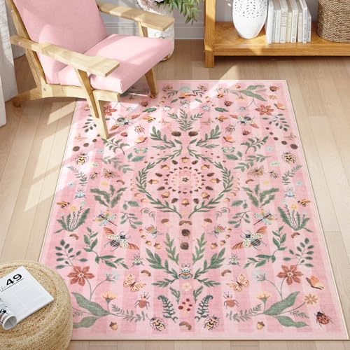 Lahome Insect Botanical 3x5 Small Pink Rugs for Bedroom Girls,Bathroom Mat Non Slip Washable Soft Rugs for Entryway,Boho Floral Indoor Throw Carpet for Nursery Living Room Classroom(Pink,3x5