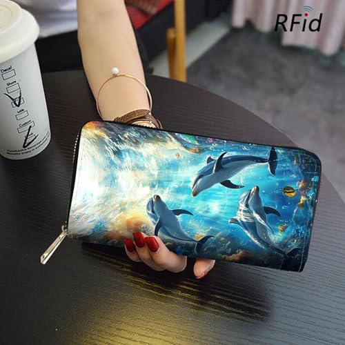 Image of RFID Blocking Leather Wallet for Women - Large Capacity Zip Around Clutch with 8 Card Slots,23 Cash Pockets & Coin Zipper,Cute Dolphin