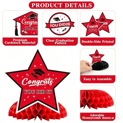 Image of Graduation Decorations 2026, 10PCS Graduation Centerpieces for Table Red Black Graduation Party Decorations Class of 2026 Congrats Grad Honeycomb Centerpieces Table Decor for Graduation Party Supplies