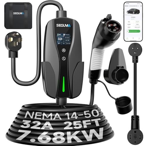 SEGUMA Level 2 EV Charger(APP/ETL Certified), 32A NEMA 14-50 Plug EVSE Charger, 25ft UL Listed Cable, Adjustable Current, Portable 208V-240V Mobile Electric Vehicle Charging Station for Home Level 2