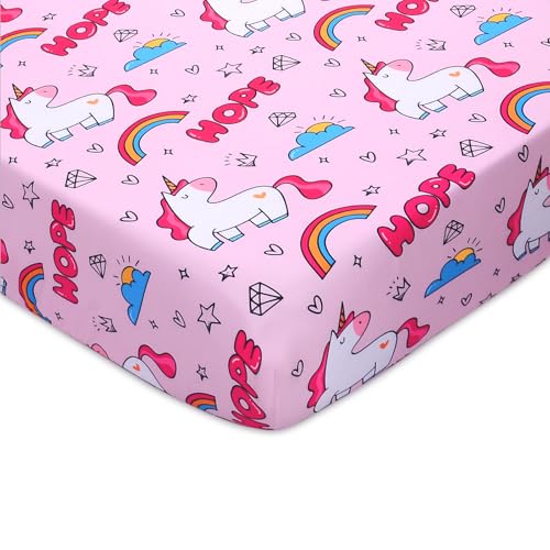 Image of Unicorn Baby Fitted Crib Sheet Soft Microfiber 52 inch x 28 inch Crib Mattress Sheet for Girls Breathable Baby Bedding with Rainbow Unicorn Design