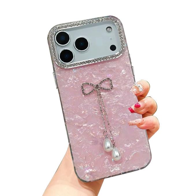 Image of mobistyle Designed for iPhone 17 Pro Max | Shell Pattern with Bow Tassel and Daimond Camera Lens Protection Back Cover Case for Women Girls iPhone 17 Pro Max (Pink)