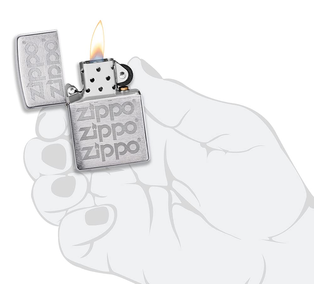Zippo Encendedor a Prueba de Viento - Diseño de Logo - Grabado Automático en Acabado Cromo Cepillado - Recargable - Reutilizable - Diseño a Prueba de Viento - Caja de Regalo - Hecho en EEUU