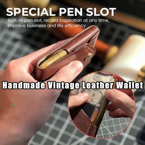 Vintage Handmade Leather Wallet, Handmade Vintage Leather Wallets, Multifunctional Handmades Leather Wallet for Men, Built-In Pen Slot, Leather Business Card Holder Compact Wallet (Wallet+Pen)3