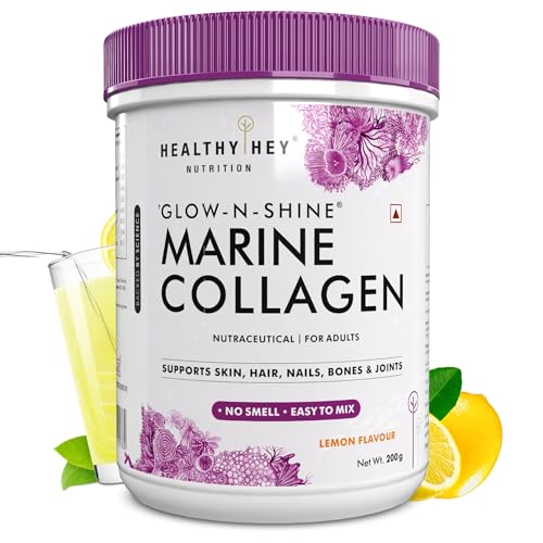 Image of HealthyHey Glow-n-Shine Marine Collagen Powder - Hydrolyzed | Type 1 Collagen Protein Supplement with Hyaluronic Acid | Amino Acids for Skin, Hair, Nails (Lemon,200g)