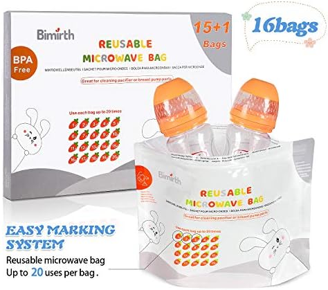 Bimirth Microwave Steriliser Bags, Steam Steriliser Bags, Pack of 16 Reusable, Cleaning Baby Bottles, Pacifier, Teethers & Training Cups, 20 Uses Per Bag, Only 3 Minutes, Marking System, Chemical Free