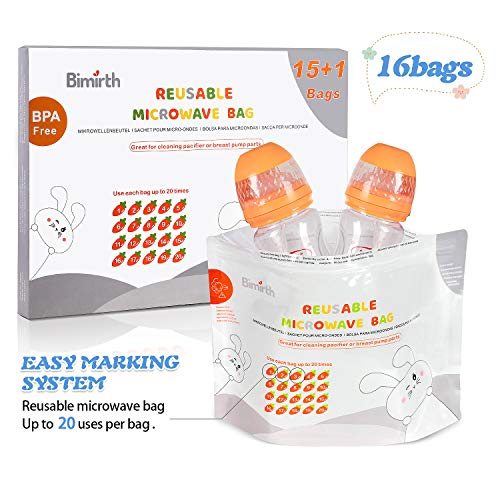 Bimirth Bolsas Esterilizadoras a Vapor para Microondas, Paquete de 16 reutilizables, Biberones, Chupete, mordedores & Copas de entrenamiento, 20 usos por bolsa, sistema de marcado, sin químicos - imagen 4