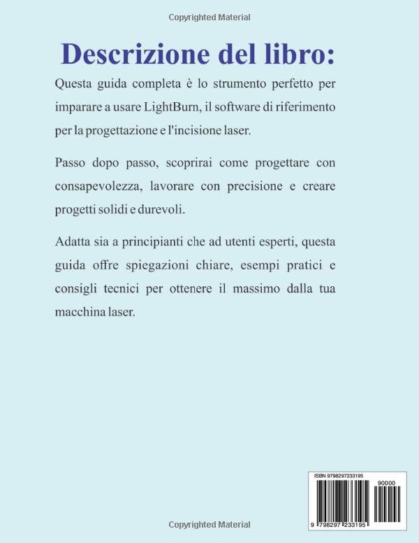 Back cover of the LightBurn User Guide, featuring a book description in Italian and an ISBN barcode.