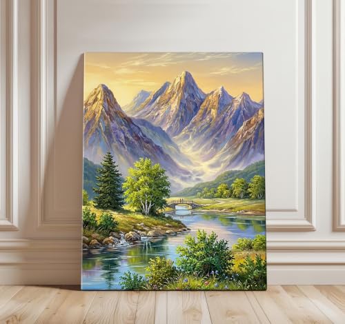 Image of ArtX Mountain Canvas Painting for Wall Decoration, Mountain Painting Vastu, River Valley Nature Wall Art, Gallery Wrapped for Living Room, Bedroom, Office Decor, 45 x 58 cm