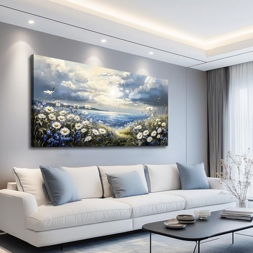 KELIYUAN Large Canvas Wall Art For Living Room Bedroom Wall Decor Home Office Blue Mediterranean Garden Landscape Painting Room Bathroom Dining Room Prints Artwork Picture Wall Decoration 20x40 In