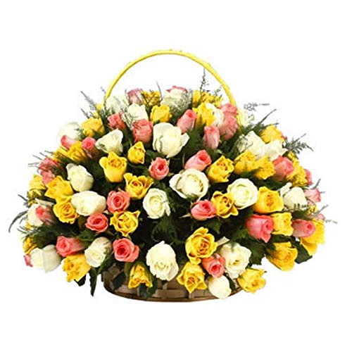 New Year Special Fresh Flowers Handle Basket Arrangement of 50 Mixed Roses || Basket of 50 (Multicolour)-image-27