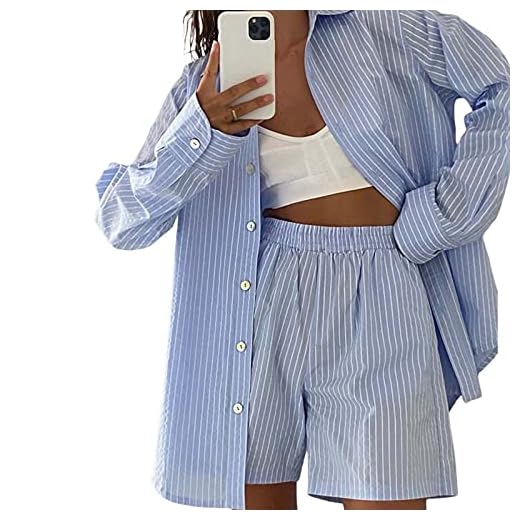 Tsnbre Women's 2 Piece Outfit Stripe Oversized Long Sleeve Shirt Button Tops Shorts Set Casual Loose Tracksuit Pajamas Loungewear