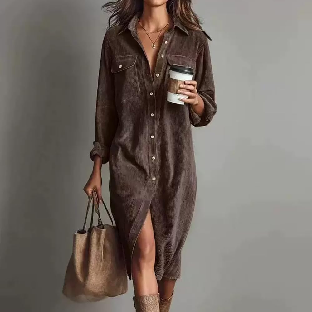 Robe-Chemise boutonnée en Velours côtelé pour Femme, Collection Automne Robe décontractée d'automne, Coupe Ample, col à Revers, Manches Longues et Poches (Pink,Grand)