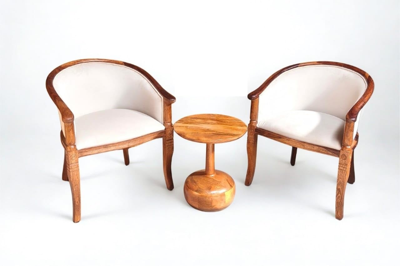 Wooden Barrel Chair and Round Pedestal Side Table Set, White Upholstery, 3-Piece Living Room Furniture-image-20