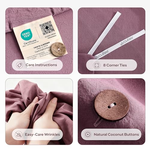 Image of JELLYMONI 100% Washed Cotton Duvet Cover King - Soft, Breathable Linen-Look Bedding with Natural Wrinkle Texture, Button Closure, 3-Piece Set (Deep Rose, 104 inchx90 inch)