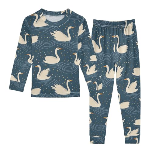 ALAZA Swan Starry Night Blue Pajamas Long Sleeve Sleepwear 2-Piece Pajama Set