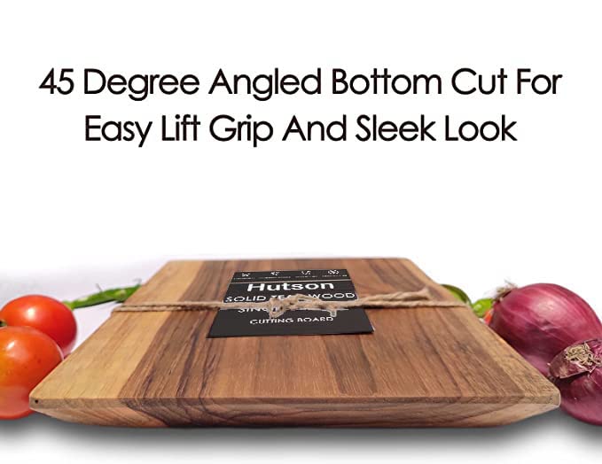 Image of Hutson Solid Teak Wood Cutting Board 15 x 9 Inch with 45 Bottom Cut - Heavy Duty Wooden Chopping Board