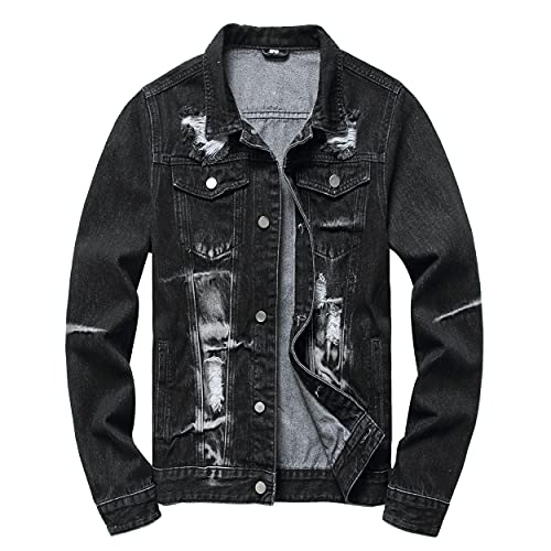 Image of Mens Denim Jacket Ripped Slim Jean Jacket Coat for Men