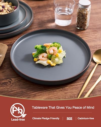 Image of Famiware Nebula Ridge Stoneware Dinnerware Sets for 8, 24 Pieces Plates and Bowls Sets, Dishes Set, Microwave and Dishwasher Safe Kitchen Plates, Charcoal