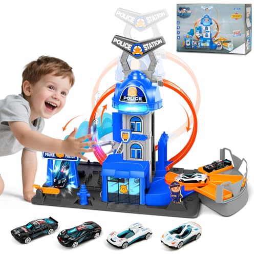 Charmofun City Pista Looping Comisaría de Policía, Set Pista Coches Juguete con 4 Coches, 3 Plazas de Aparcamiento, Circuito Elevable y Efectos de Luz y Sonido, Pistas con Lanzador para Niños 4+ Años
