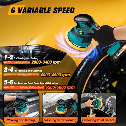 Image of Cordless Car Buffer Polisher kit [2x 2000mAh 21V Batteries & 18 PCS Attachments] 6-Speed Orbital Design, LED Display, Lightweight Detailing Tool for Waxing, Polishing & Scratch Removal-Blue