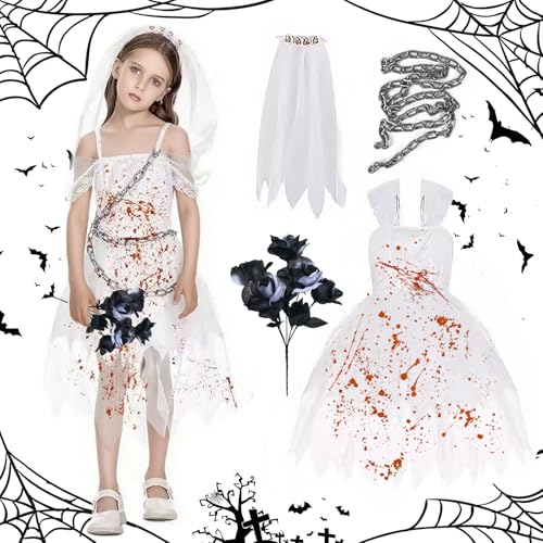 Shinybox Costume de Mariée Zombie pour Fille, Mariée Fantôme Déguisement avec Rose Noire et Blanche, Voile et Chaîne, Costume de Zombie Horreur pour Halloween Carnaval Cosplay(L)