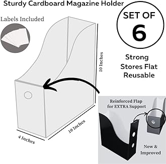 Evelots Magazine File Holder - Set of 6 Black - Office Desk Organizer - Sturdy Cardboard - New Upgraded Double Front Panel for More Stability - Full 4 Inch Wide - Easy Assemble
