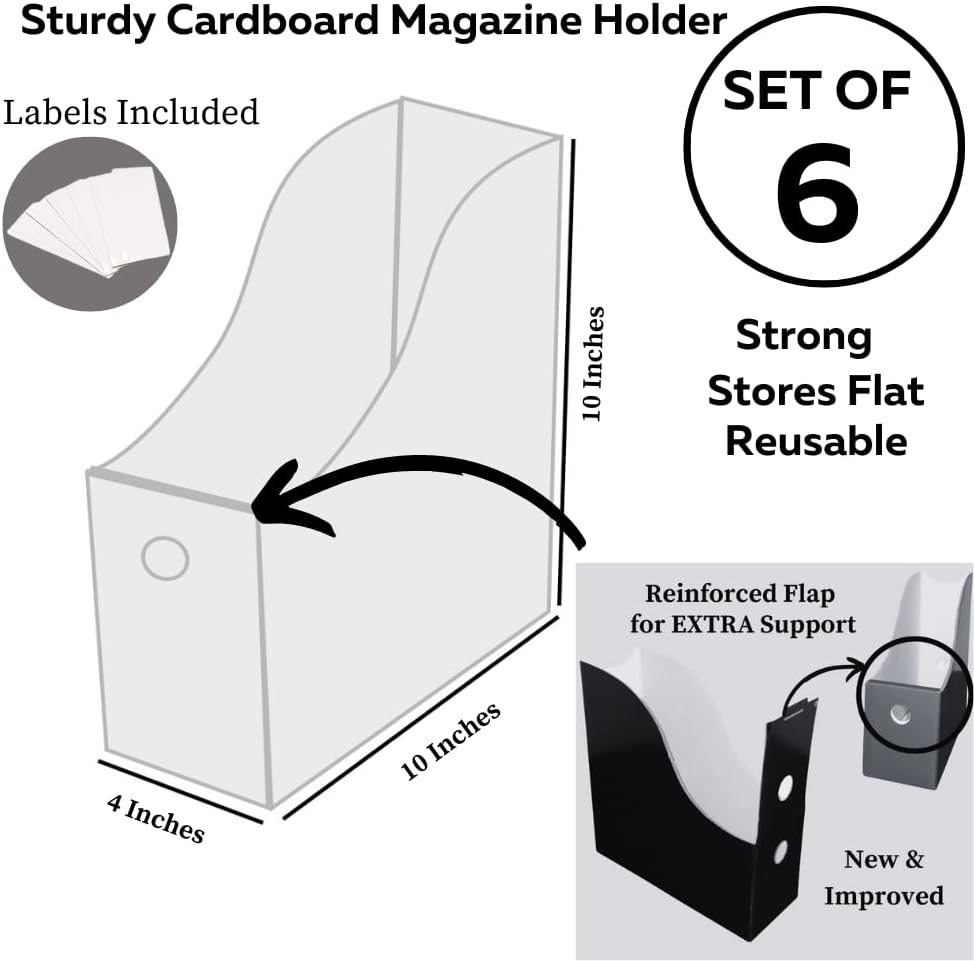Evelots 6 Magazine/File Holders W/ Adhesive Labels,5 Varying Color Styles,Black