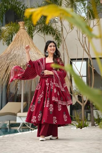 Image of ANNI Designer Women's Rayon Blend Anarkali Printed Kurta with Pant & Dupatta | Ethnic Kurta Pant Dupatta Set for Women | Traditional Indian Wear Outfit