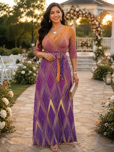 Image of Plus Size Maxi Dress for Women V Neck 3 /4 Sleeve Wrap Dress