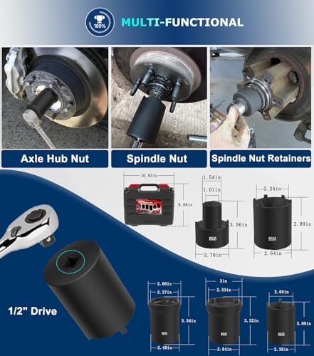 5 x Spindle Nut Socket Kit Axle Hub Nut Sockets with Storage Case For Ford Dana 50 60, For Dodge, Chevrolet & GMC 1/2" Drive Axle Spindle Nut Retainers Remover, Lug Out Spindle Sockets Set
