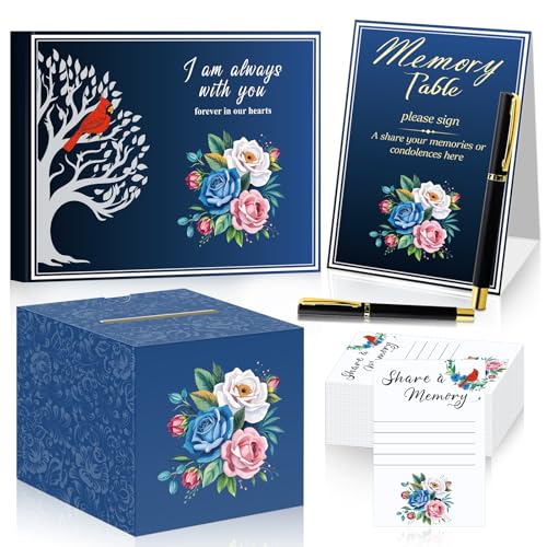 55 Pcs Funeral Supplies Funeral Guest Book for Memorial Service Included Pen Table Sign Cardinal Memorial Memory Cards Box with 50 Pcs Share a Memory Card for Guest Funeral Farewell Party (Dark Blue)