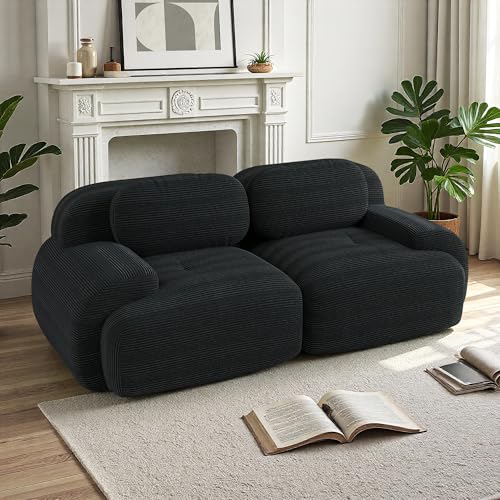 Seyakany - Sofá de 82 pulgadas, sofá modular de 2 plazas con reposabrazos curvos y parte inferior antideslizante, revestimiento altamente elástico, sofás de compresión para salón, pana, negro