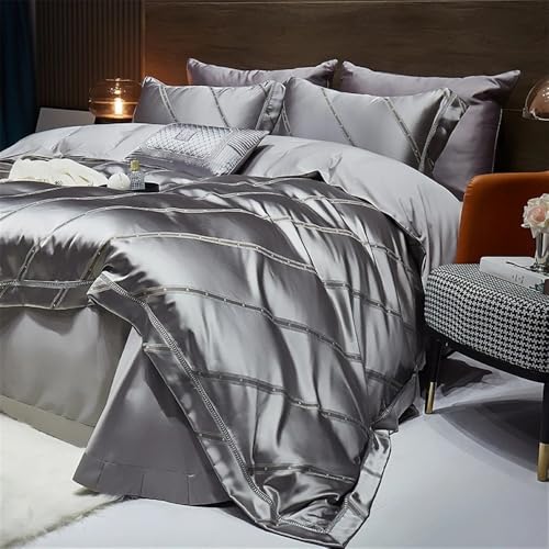 Zestaw poszewek na kołdrę Luksusowy szary satynowy zestaw pościeli Queen/King Size 4 sztuki na cały sezon, lekki poszewek kołdrę w geometryczne linie Zestaw pościeli(King 220X240cm 4pcs)