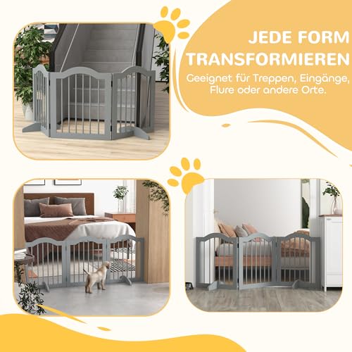 PawHut Absperrgitter Hund 3-teilig, 154,5 x 61 cm Faltbar Hundegitter mit Tür, Türschutzgitter mit 2 Stützfüßen, Freistehend Treppengitter für Küche, Flur, Hellgrau