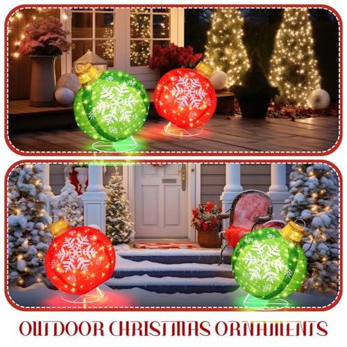 Honoson 2 Pcs Christmas Giant Light Up Ornaments Outdoor 24 Inch Lighted Pop-Up Ball Christmas Ornament Set Large Outside Holiday Christmas Decorations for Yard Lawn(Red and Green,Snowflake) by Honoson - Image 6