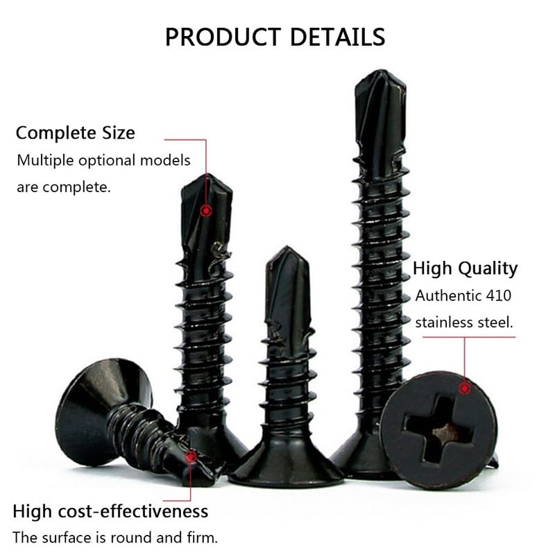 Black Self Drilling Screws M4.2 x 25 mm, Phillips Flat Head, 410 Stainless Steel Screws - Image 3