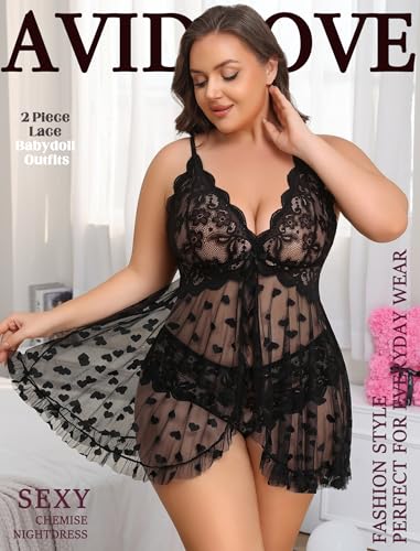 Image of Avidlove Plus Size Lingerie for Women Sexy Lingerie Dress Lace Babydoll Lingerie V-Neck Open Front Strap Nightdress