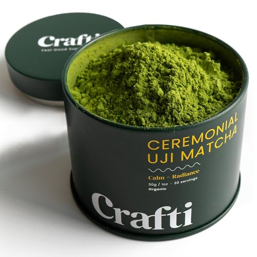 Crafti Ceremonial Grade Matcha Powder (Organic) - Unsweetened Authentic Japanese Daily Matcha Green Tea Powder from Uji, Kyoto for Barista-Grade Lattes (30g / 1.06oz)